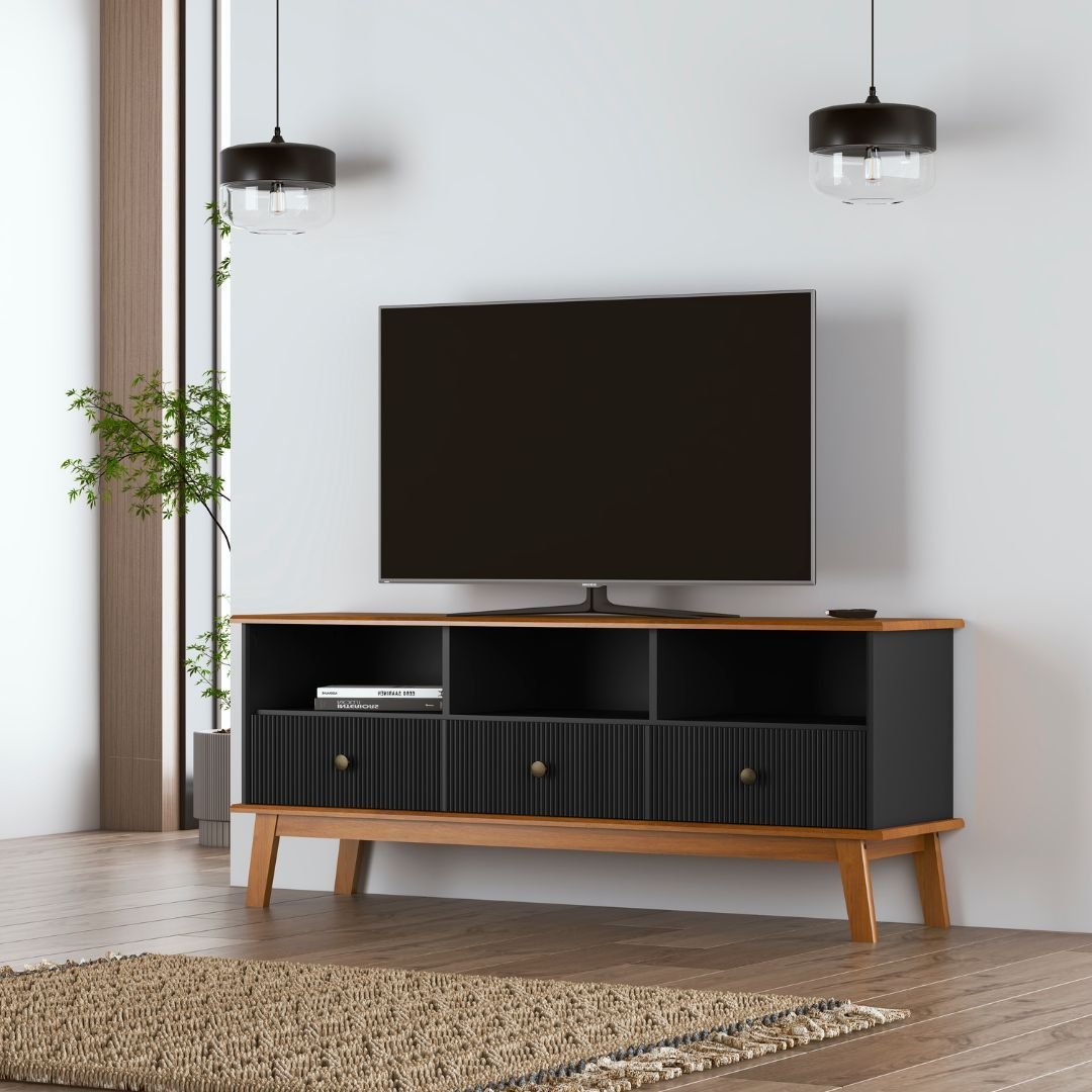 NOCHINO FR #3 GLOSS BLACK × DARK GREY Rack 3 Gavetas 3 Nichos Madeira Frise Cinza