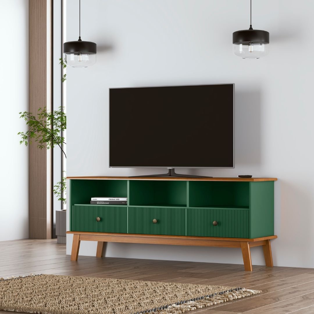 Rack 3 Gavetas 3 Nichos Madeira Frise Verde - Estilo e Confo